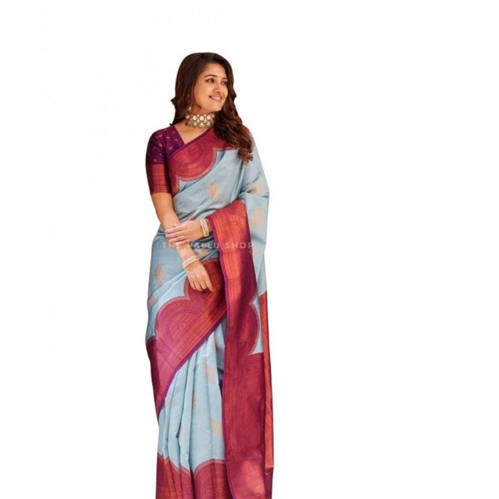 Generic Women's Soft Lichi Silk Printed Saree With Unstitched Blouse 5.5Mtr (Light-Blue) Main image