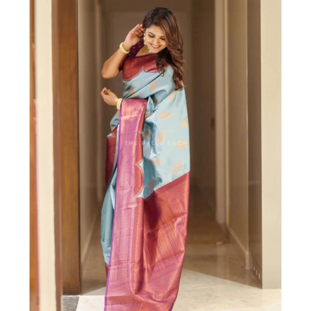 Generic Women's Soft Lichi Silk Printed Saree With Unstitched Blouse 5.5Mtr (Light-Blue) Secondary image