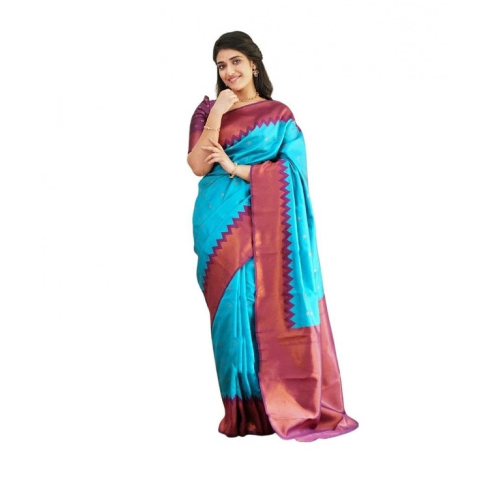 Generic Women's Soft Lichi Silk Printed Saree With Unstitched Blouse 5.5Mtr (Sky-Blue) Main image