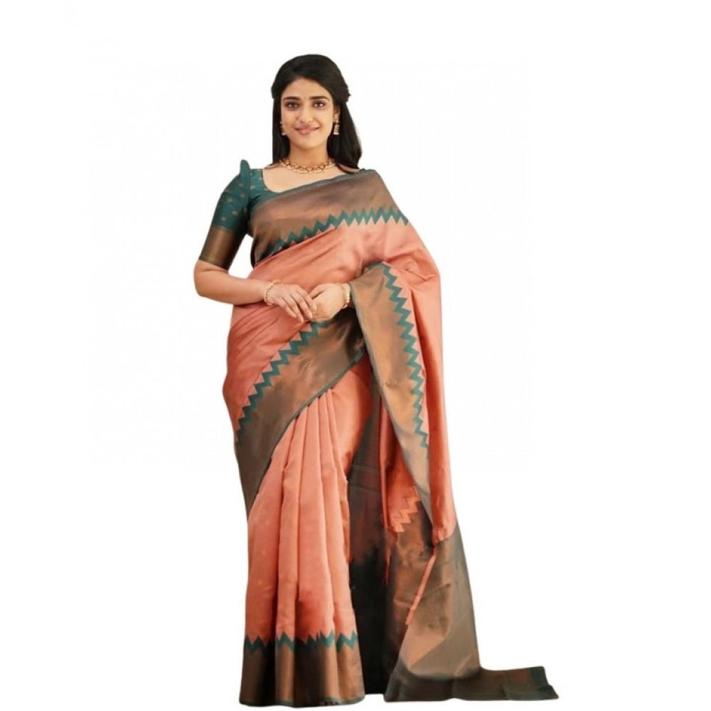 Generic Women's Soft Lichi Silk Printed Saree With Unstitched Blouse 5.5Mtr (Peach) Main image