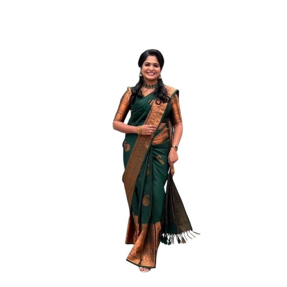 Generic Women's Soft Lichi Silk Printed Saree With Unstitched Blouse 5.5Mtr (Green) Main image