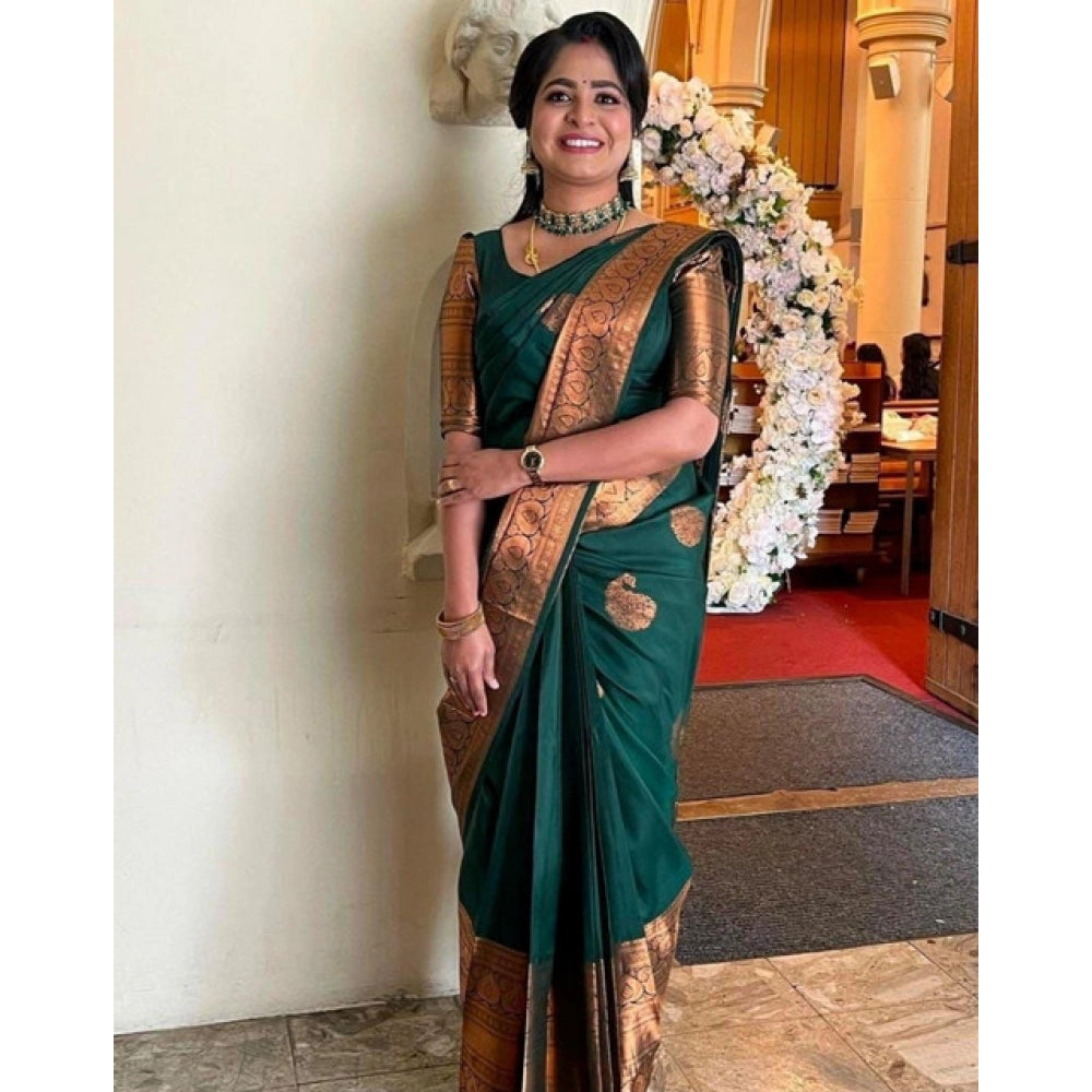 Generic Women's Soft Lichi Silk Printed Saree With Unstitched Blouse 5.5Mtr (Green) Secondary image