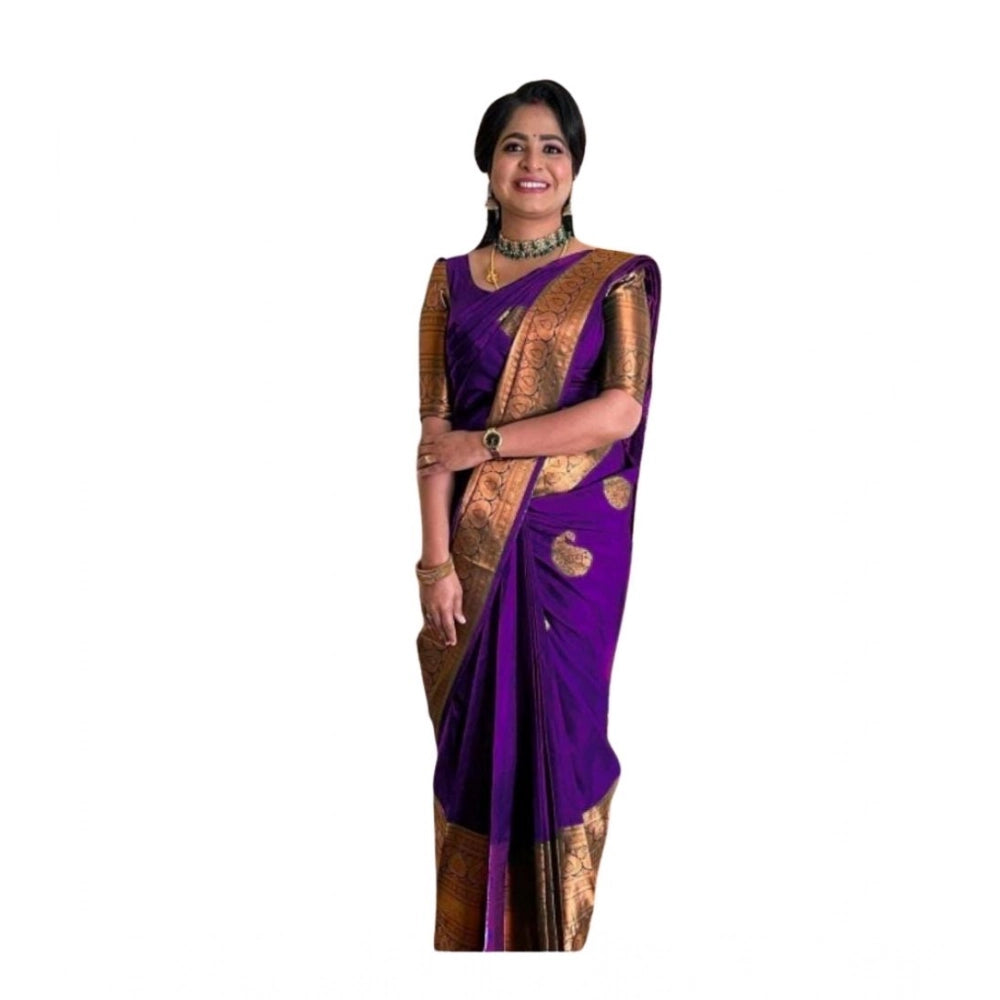 Generic Women's Soft Lichi Silk Printed Saree With Unstitched Blouse 5.5Mtr (Purple) Main image