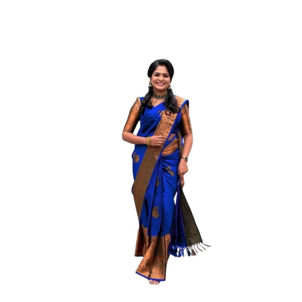 Generic Women's Soft Lichi Silk Printed Saree With Unstitched Blouse 5.5Mtr (Navy-Blue) Main image