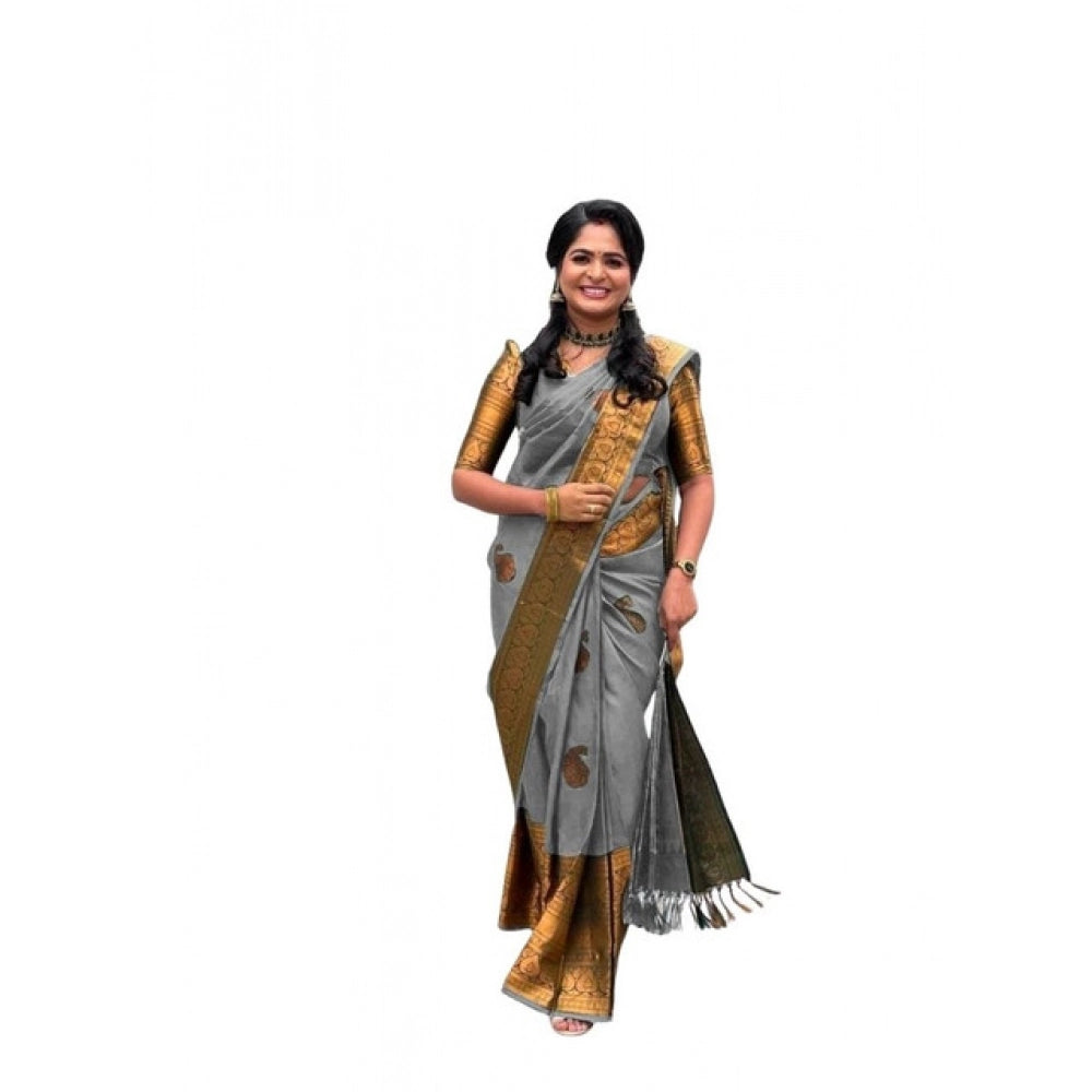 Generic Women's Soft Lichi Silk Printed Saree With Unstitched Blouse 5.5Mtr (Grey) Main image