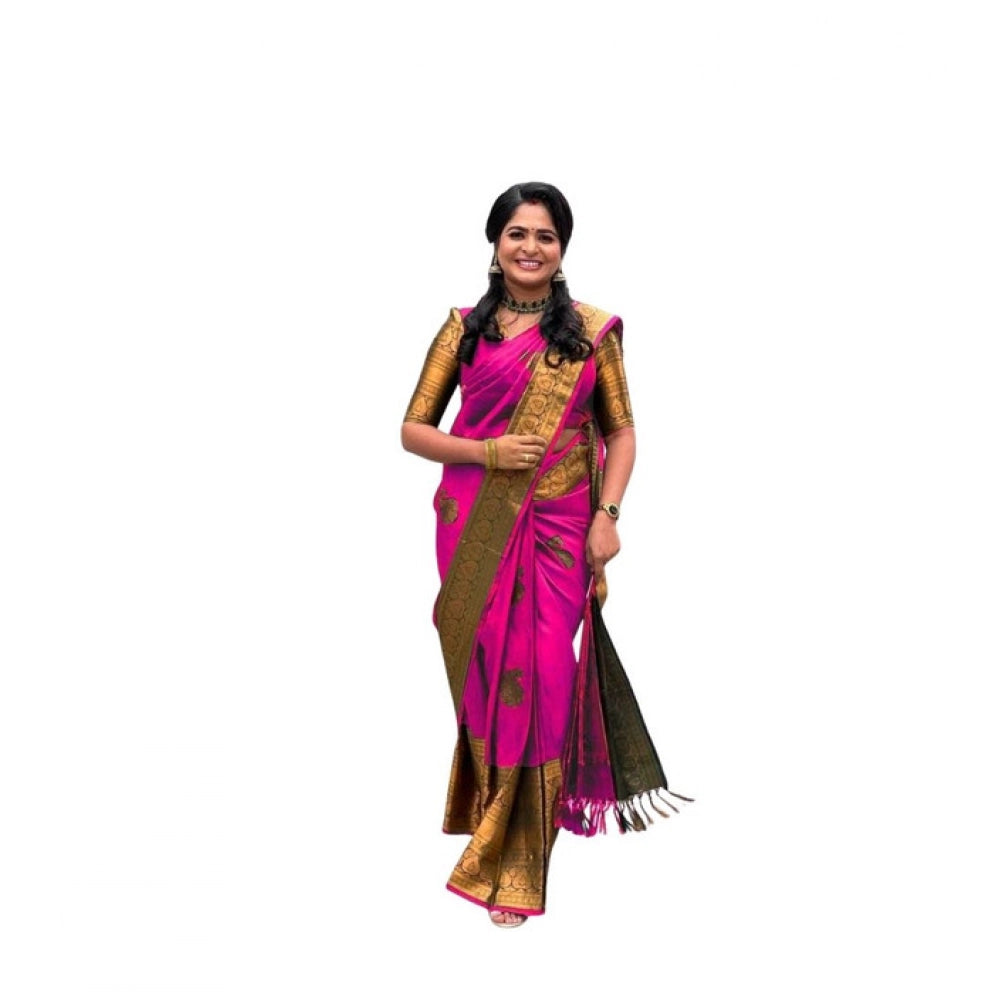 Generic Women's Soft Lichi Silk Printed Saree With Unstitched Blouse 5.5Mtr (Pink) Main image