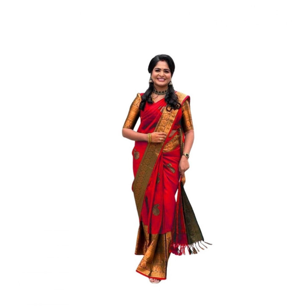 Generic Women's Soft Lichi Silk Printed Saree With Unstitched Blouse 5.5Mtr (Red) Main image