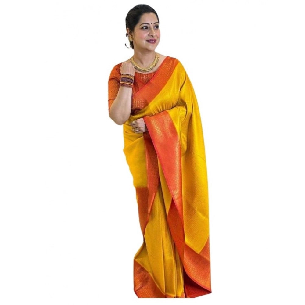 Generic Women's Soft Lichi Silk Printed Saree With Unstitched Blouse 5.5Mtr (Mustard ) Main image