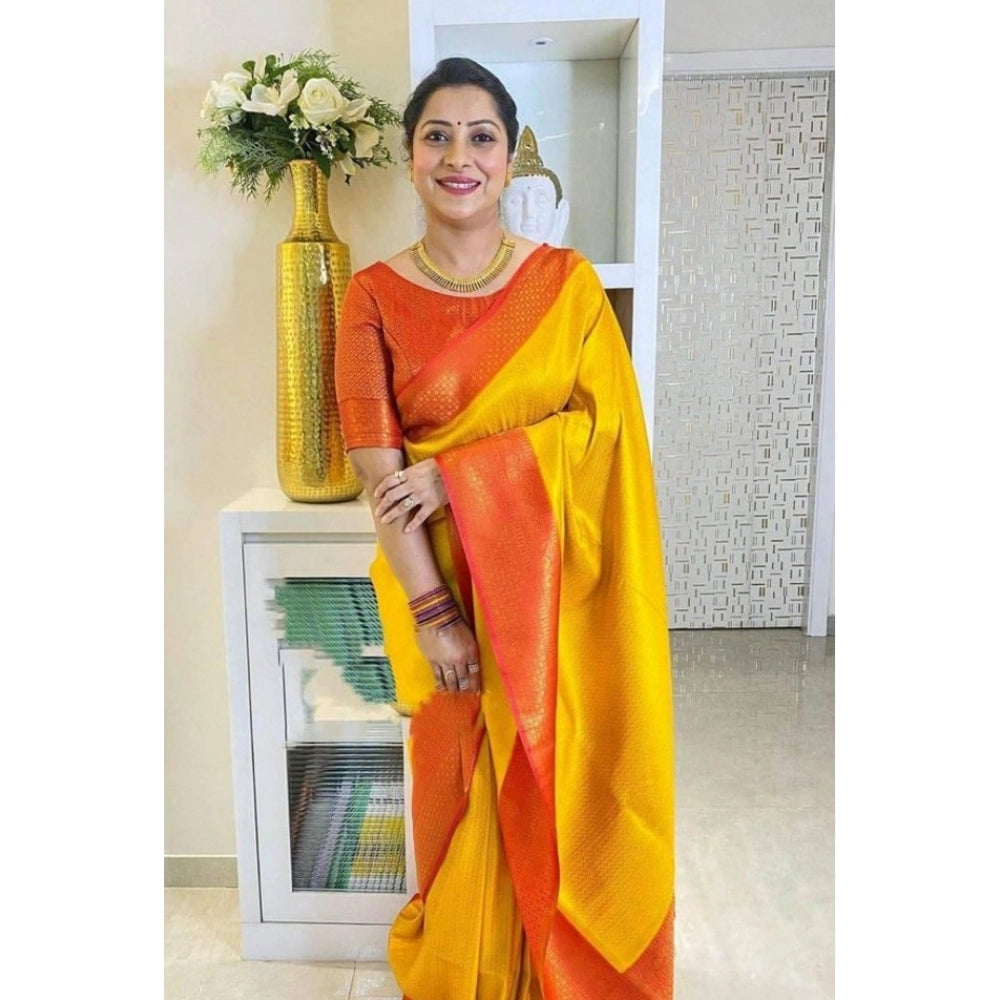 Generic Women's Soft Lichi Silk Printed Saree With Unstitched Blouse 5.5Mtr (Mustard ) Secondary image