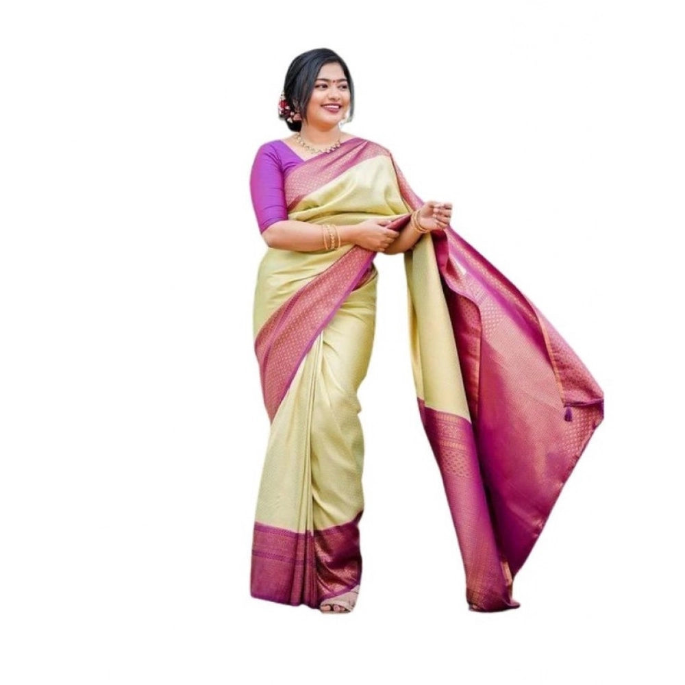 Generic Women's Soft Lichi Silk Printed Saree With Unstitched Blouse 5.5Mtr (Light-Green) Main image