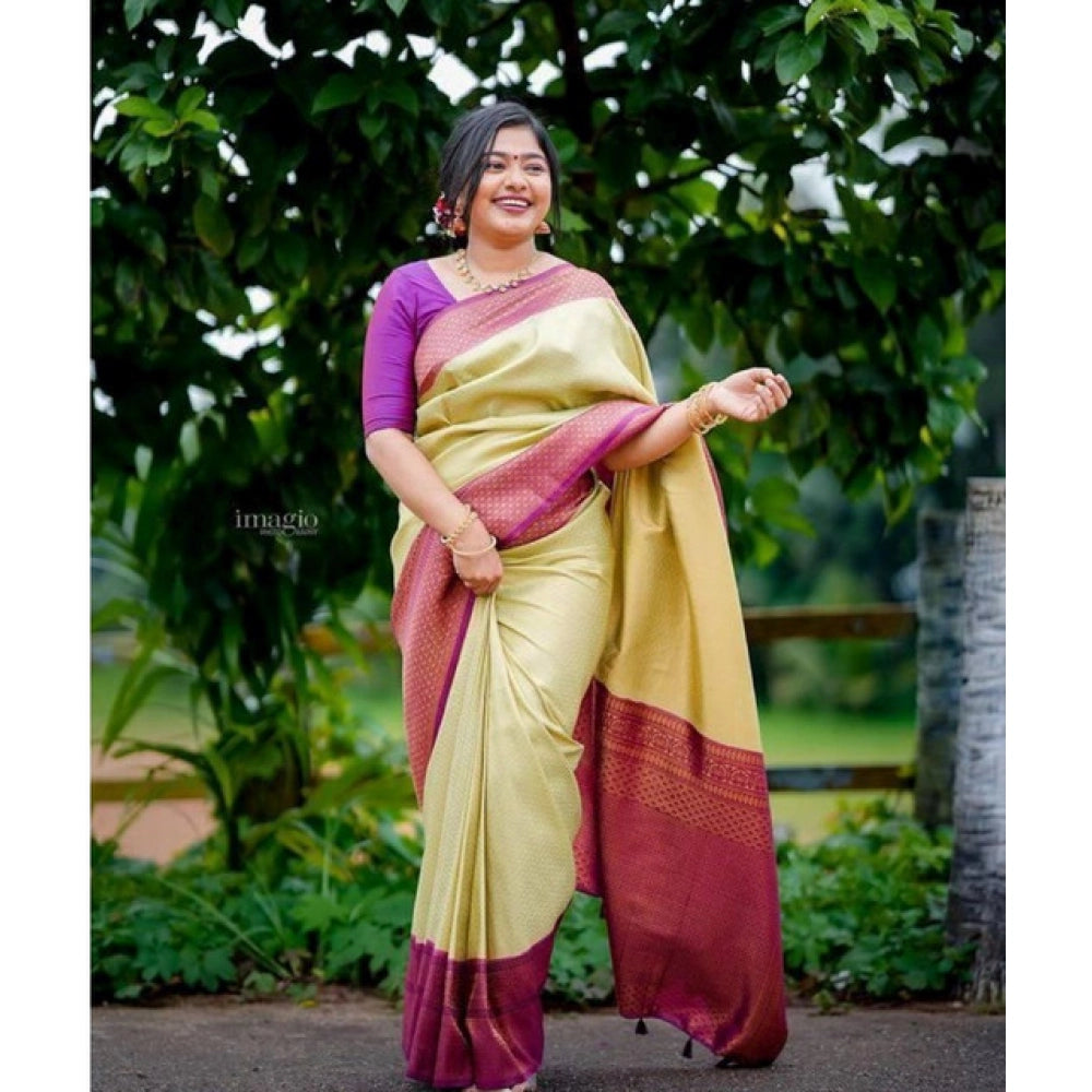 Generic Women's Soft Lichi Silk Printed Saree With Unstitched Blouse 5.5Mtr (Light-Green) Secondary image