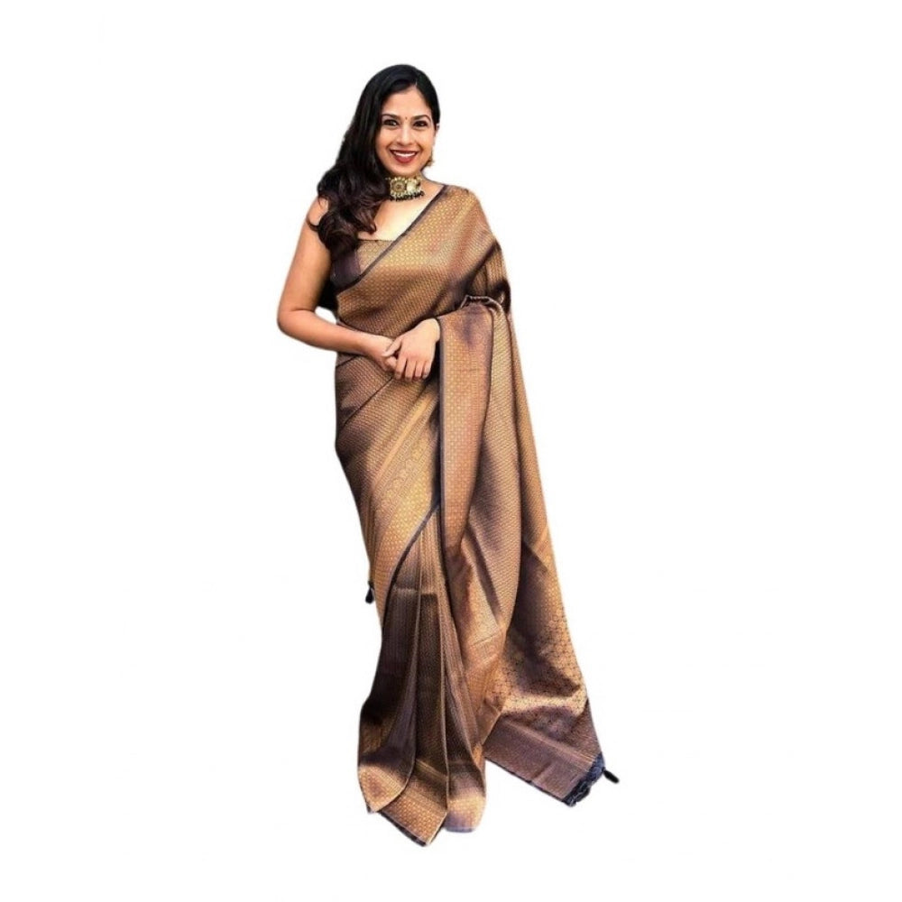 Generic Women's Soft Lichi Silk Printed Saree With Unstitched Blouse 5.5Mtr (Black-Gold) Main image