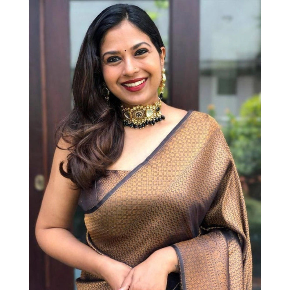Generic Women's Soft Lichi Silk Printed Saree With Unstitched Blouse 5.5Mtr (Black-Gold) Secondary image