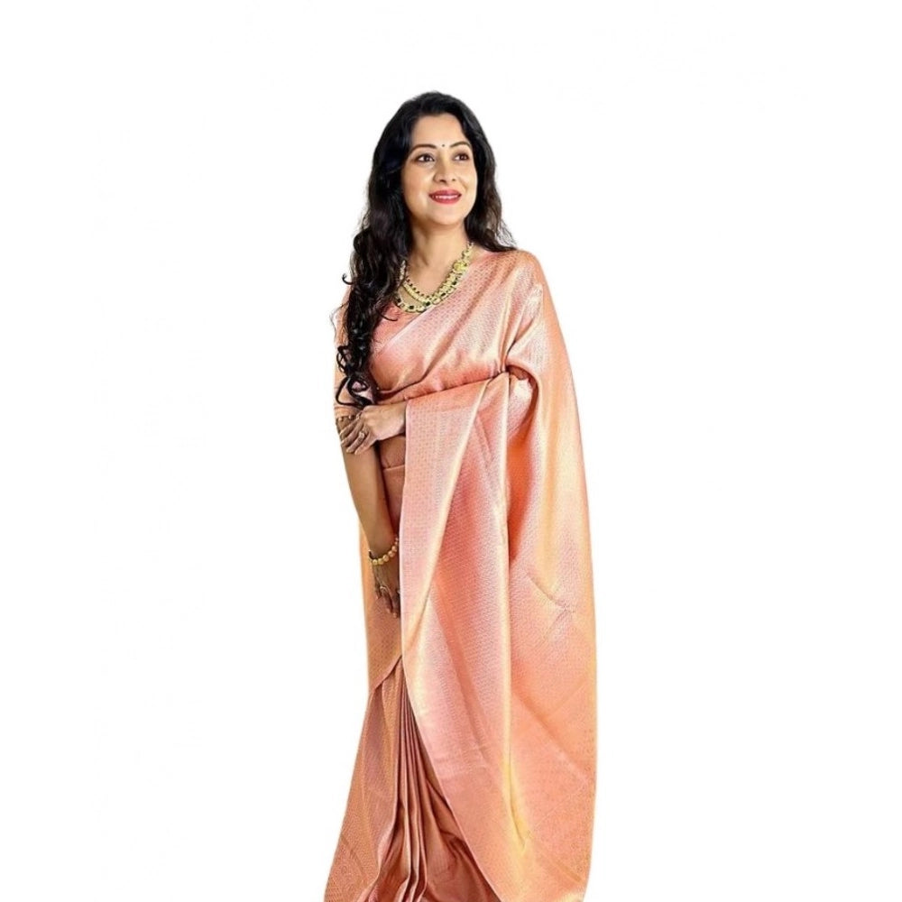 Generic Women's Soft Lichi Silk Printed Saree With Unstitched Blouse 5.5Mtr (Peach) Main image