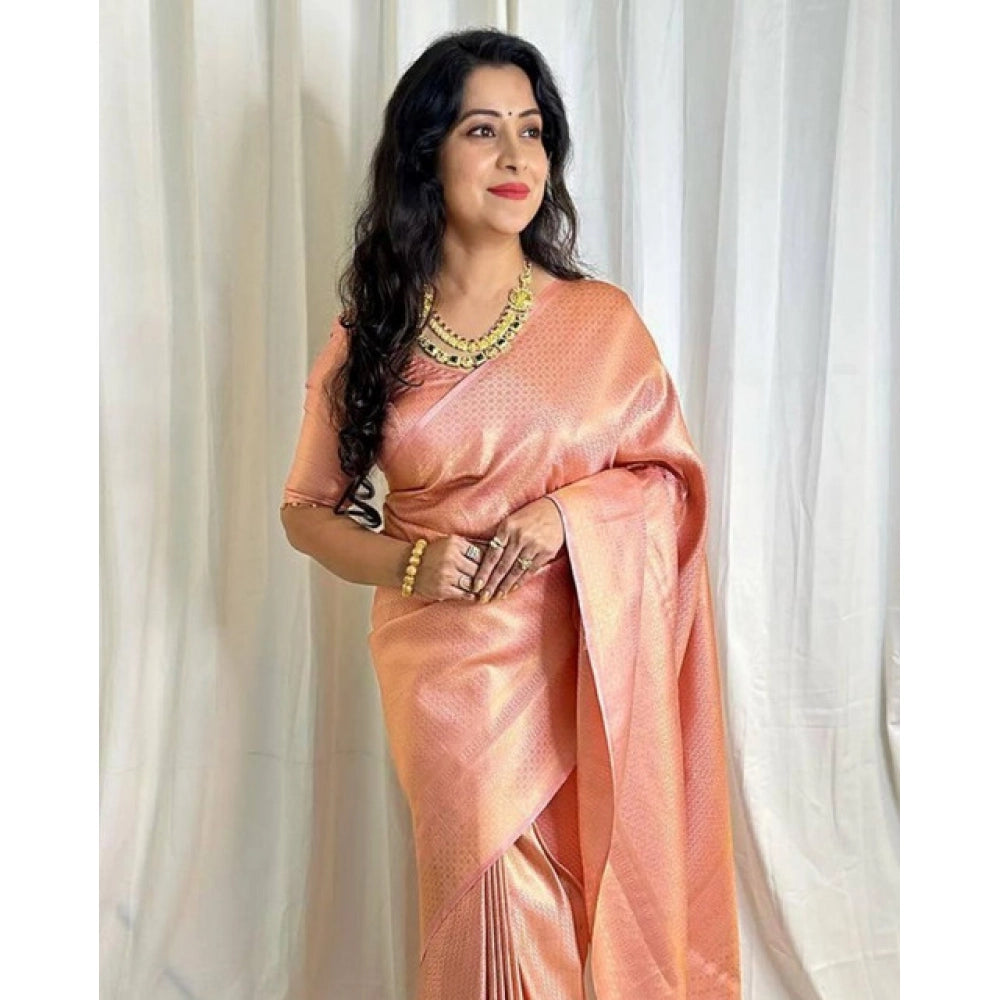 Generic Women's Soft Lichi Silk Printed Saree With Unstitched Blouse 5.5Mtr (Peach) Secondary image