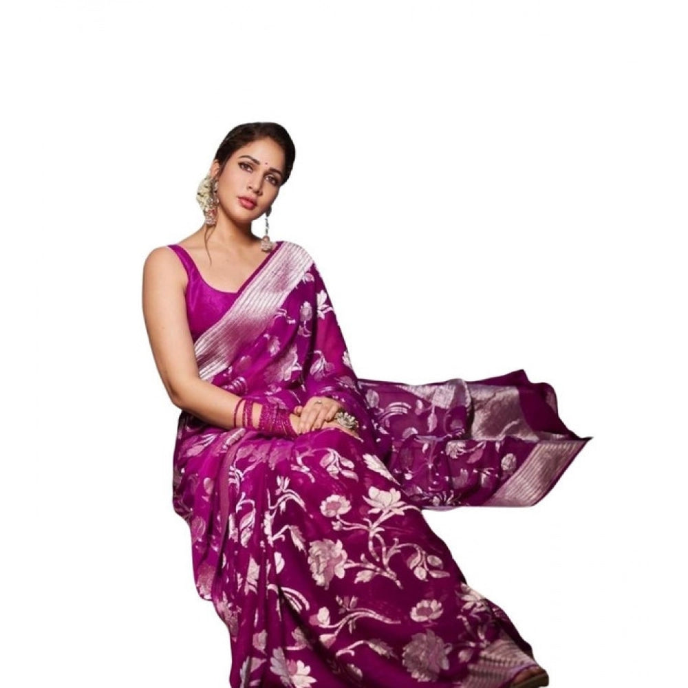 Generic Women's Soft Lichi Silk Printed Saree With Unstitched Blouse 5.5Mtr (Purple) Main image