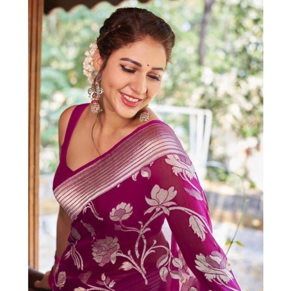 Generic Women's Soft Lichi Silk Printed Saree With Unstitched Blouse 5.5Mtr (Purple) Secondary image