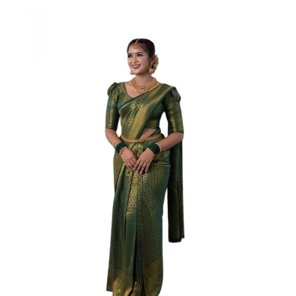 Generic Women's Soft Lichi Silk Printed Saree With Unstitched Blouse 5.5Mtr (Green) Main image