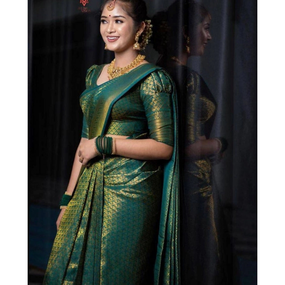 Generic Women's Soft Lichi Silk Printed Saree With Unstitched Blouse 5.5Mtr (Green) Secondary image