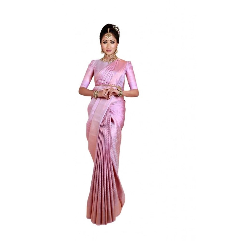 Generic Women's Soft Lichi Silk Printed Saree With Unstitched Blouse 5.5Mtr (Pink) Main image