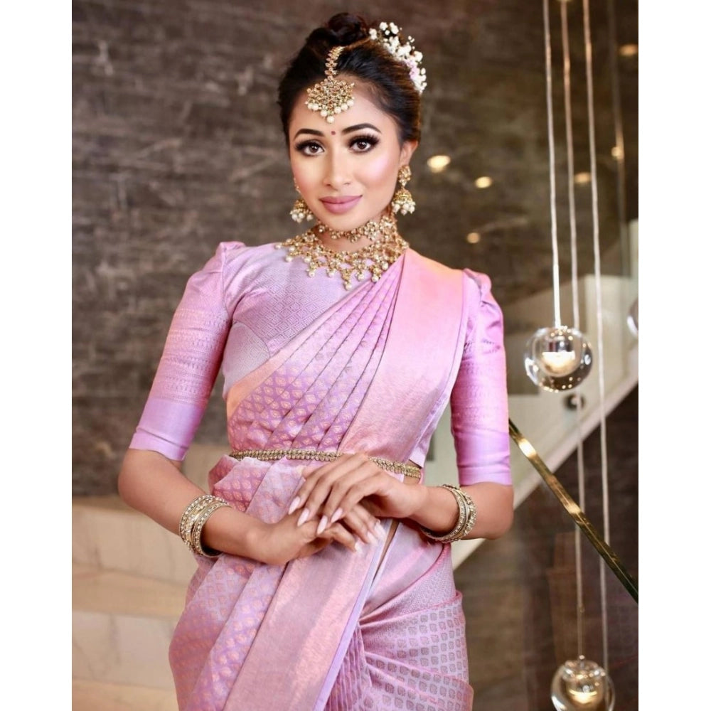 Generic Women's Soft Lichi Silk Printed Saree With Unstitched Blouse 5.5Mtr (Pink) Secondary image