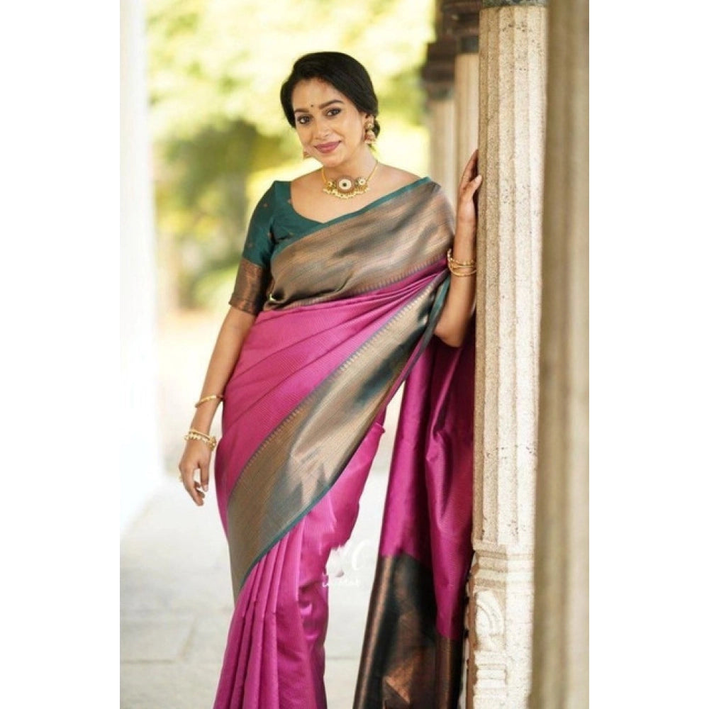 Generic Women's Soft Lichi Silk Printed Saree With Unstitched Blouse 5.5Mtr (Pink) Main image