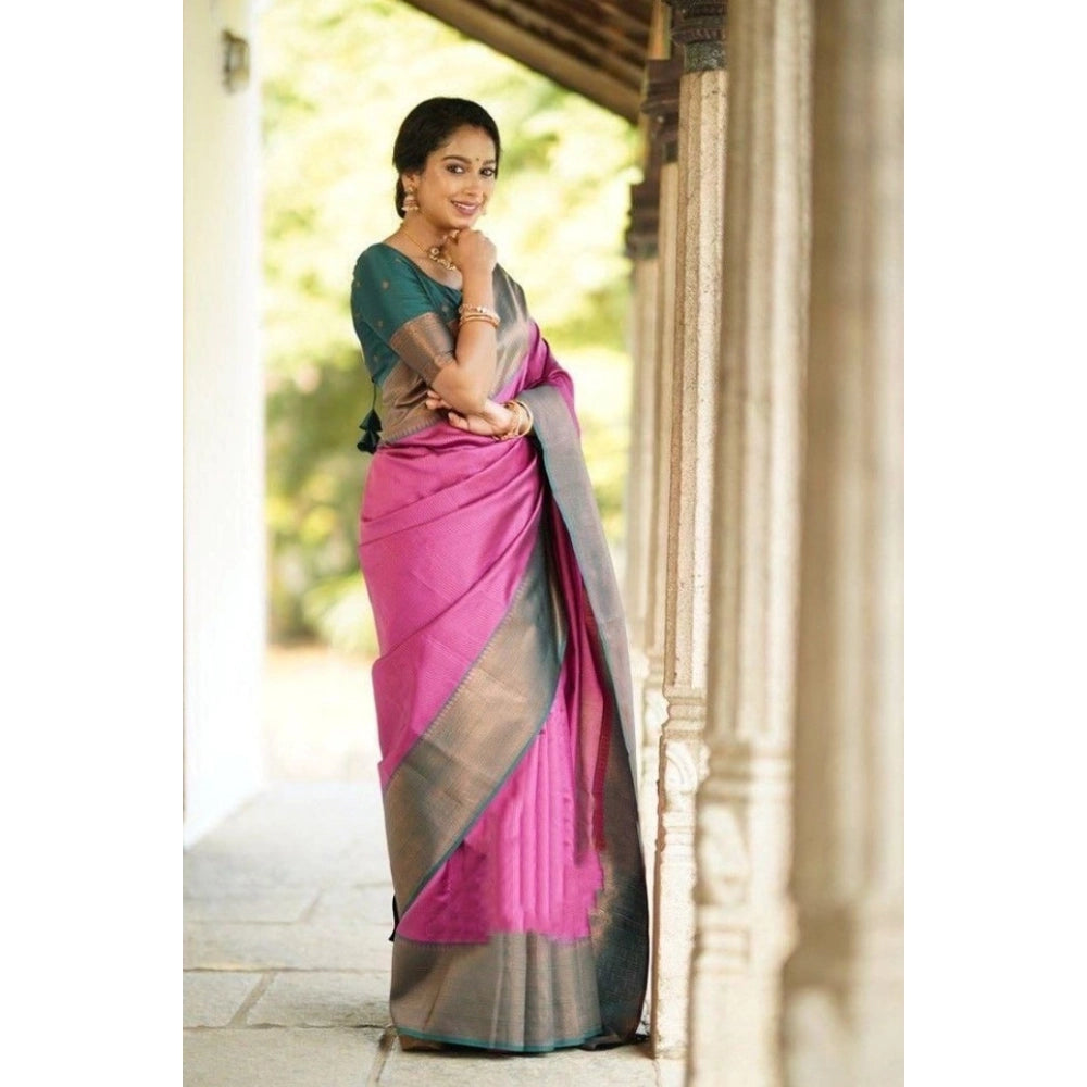 Generic Women's Soft Lichi Silk Printed Saree With Unstitched Blouse 5.5Mtr (Pink) Secondary image