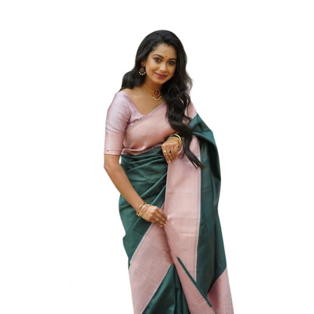 Generic Women's Soft Lichi Silk Printed Saree With Unstitched Blouse 5.5Mtr (Green) Main image
