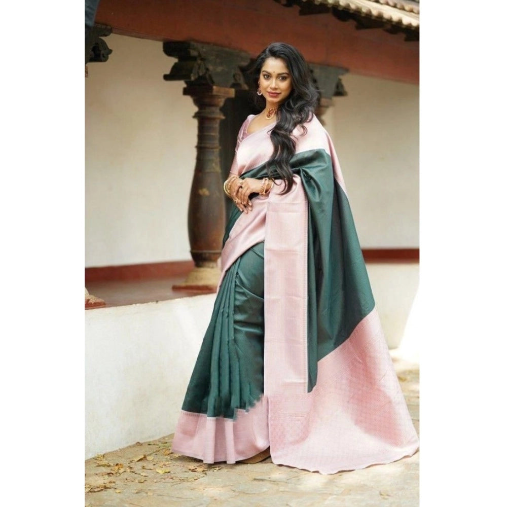 Generic Women's Soft Lichi Silk Printed Saree With Unstitched Blouse 5.5Mtr (Green) Secondary image