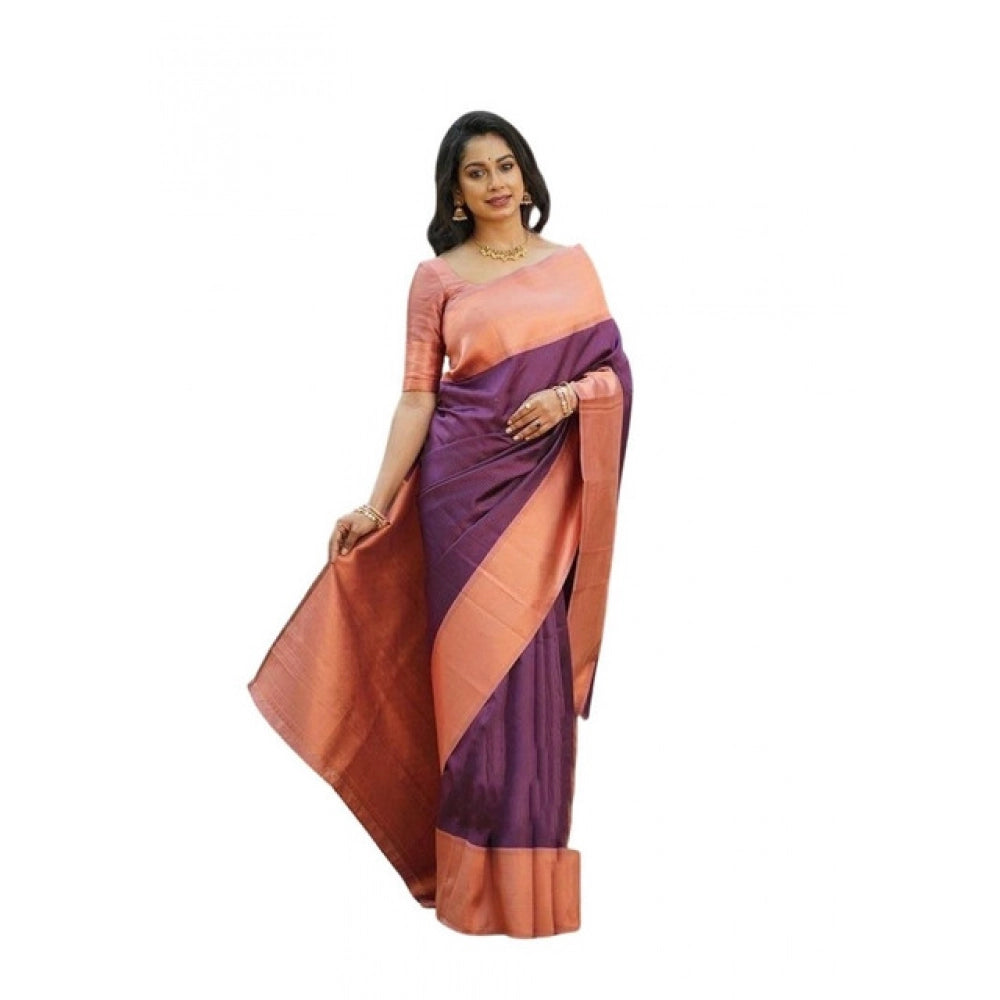 Generic Women's Soft Lichi Silk Printed Saree With Unstitched Blouse 5.5Mtr (Purple) Main image