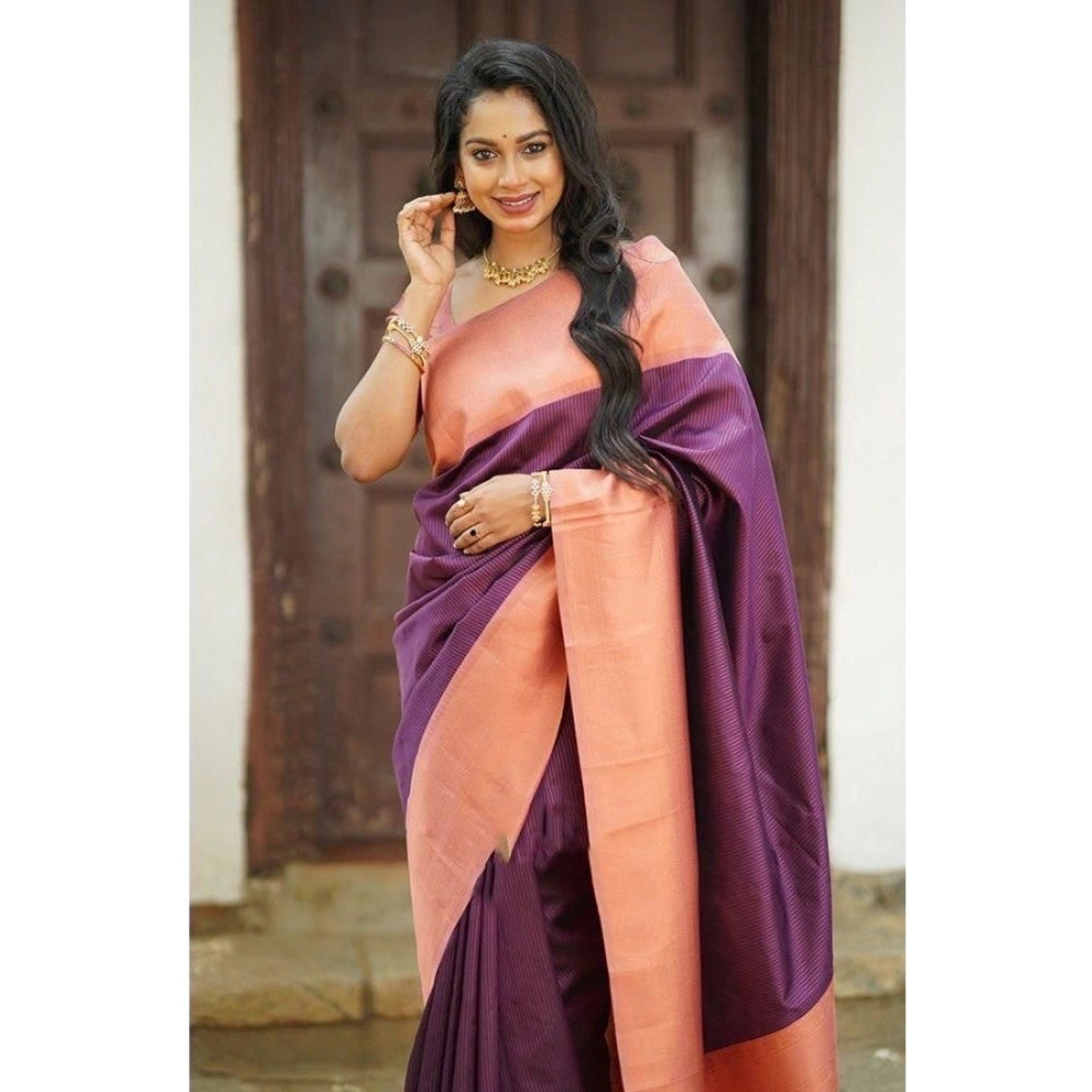 Generic Women's Soft Lichi Silk Printed Saree With Unstitched Blouse 5.5Mtr (Purple) Secondary image