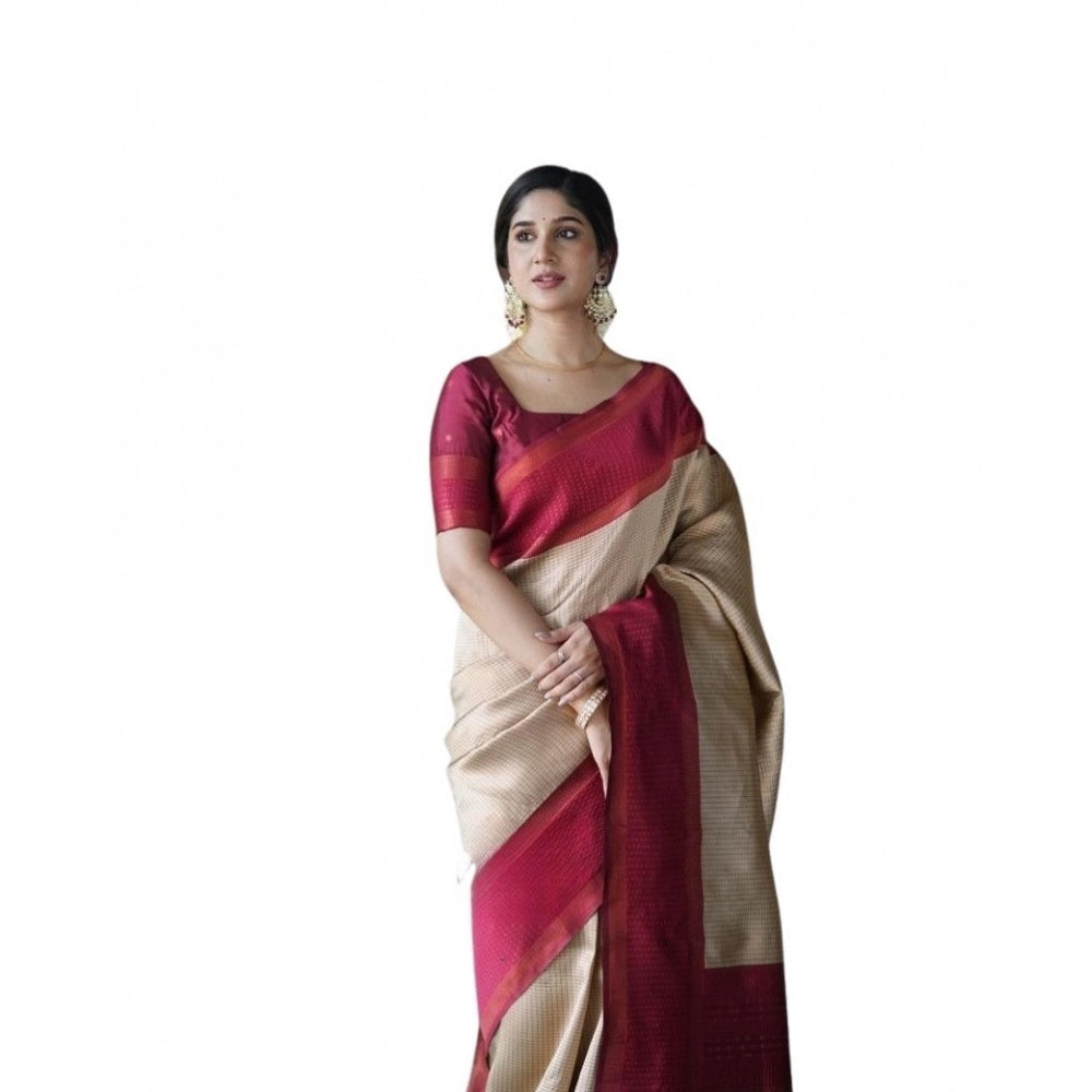 Generic Women's Soft Lichi Silk Printed Saree With Unstitched Blouse 5.5Mtr (Cream) Main image