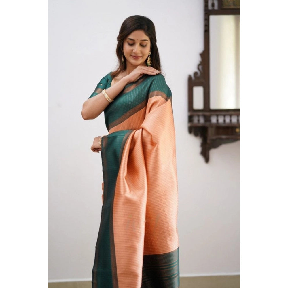 Generic Women's Soft Lichi Silk Printed Saree With Unstitched Blouse 5.5Mtr (Orange) Secondary image