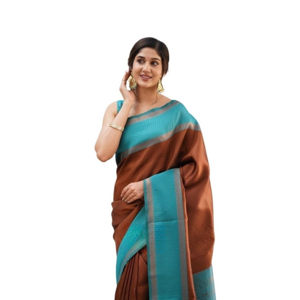 Generic Women's Soft Lichi Silk Printed Saree With Unstitched Blouse 5.5Mtr (Brown) Main image