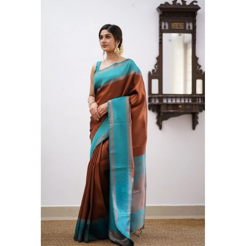 Generic Women's Soft Lichi Silk Printed Saree With Unstitched Blouse 5.5Mtr (Brown) Secondary image