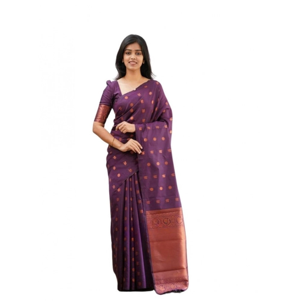 Generic Women's Soft Lichi Silk Printed Saree With Unstitched Blouse 5.5Mtr (Purple) Main image