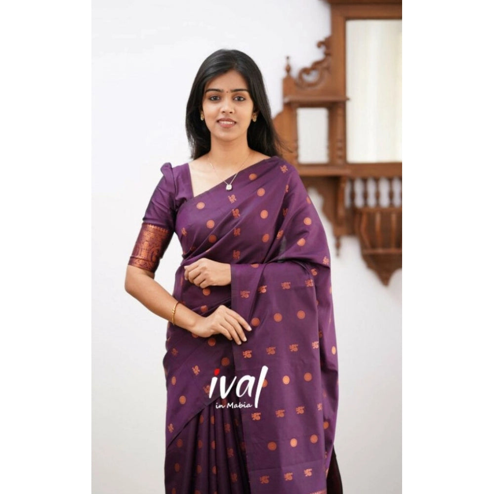 Generic Women's Soft Lichi Silk Printed Saree With Unstitched Blouse 5.5Mtr (Purple) Secondary image