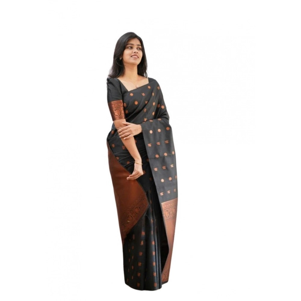 Generic Women's Soft Lichi Silk Printed Saree With Unstitched Blouse 5.5Mtr (Black) Main image