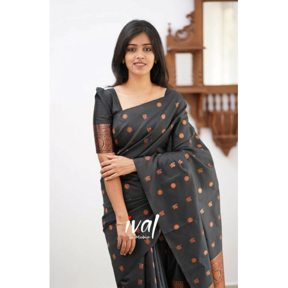 Generic Women's Soft Lichi Silk Printed Saree With Unstitched Blouse 5.5Mtr (Black) Secondary image