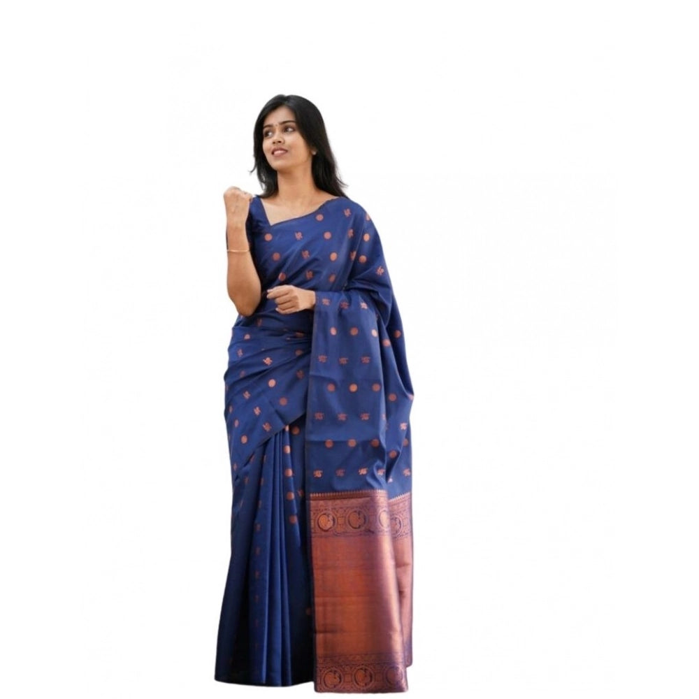 Generic Women's Soft Lichi Silk Printed Saree With Unstitched Blouse 5.5Mtr (Blue) Main image