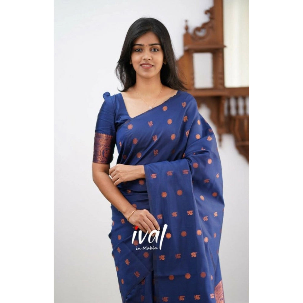 Generic Women's Soft Lichi Silk Printed Saree With Unstitched Blouse 5.5Mtr (Blue) Secondary image