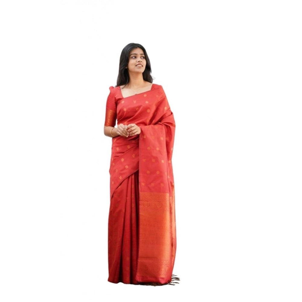 Generic Women's Soft Lichi Silk Printed Saree With Unstitched Blouse 5.5Mtr (Red) Main image