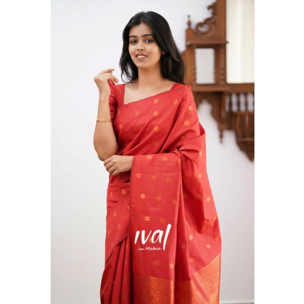 Generic Women's Soft Lichi Silk Printed Saree With Unstitched Blouse 5.5Mtr (Red) Secondary image