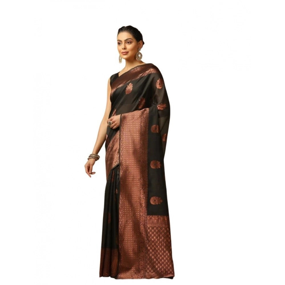 Generic Women's Soft Lichi Silk Printed Saree With Unstitched Blouse 5.5Mtr (Black) Main image