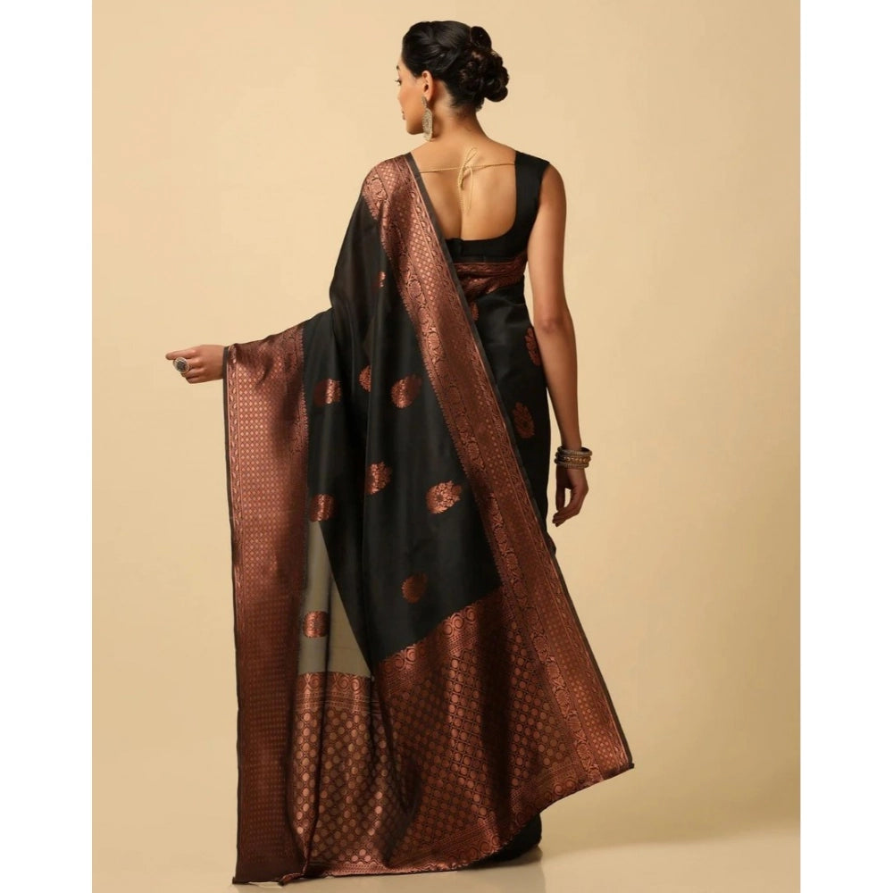 Generic Women's Soft Lichi Silk Printed Saree With Unstitched Blouse 5.5Mtr (Black) Secondary image