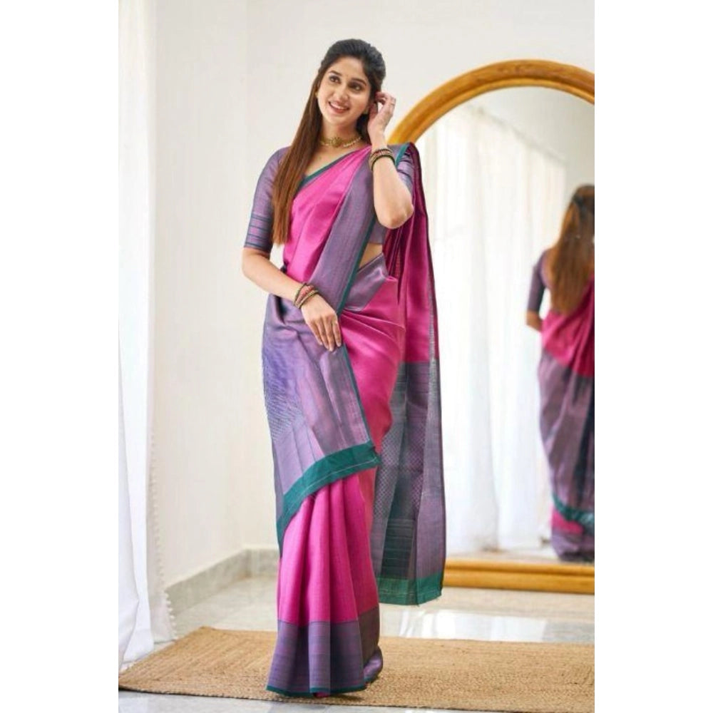 Generic Women's Soft Lichi Silk Printed Saree With Unstitched Blouse 5.5Mtr (Pink) Secondary image