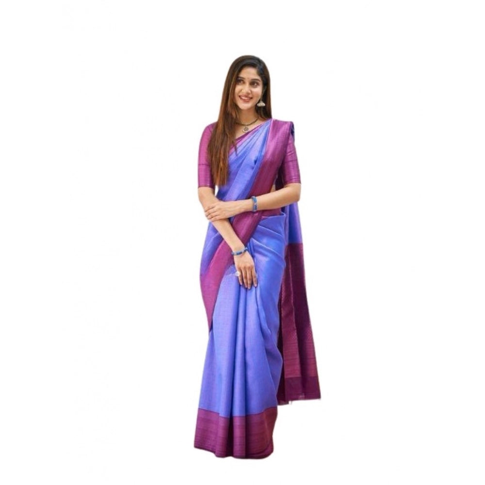 Generic Women's Soft Lichi Silk Printed Saree With Unstitched Blouse 5.5Mtr (Blue) Main image