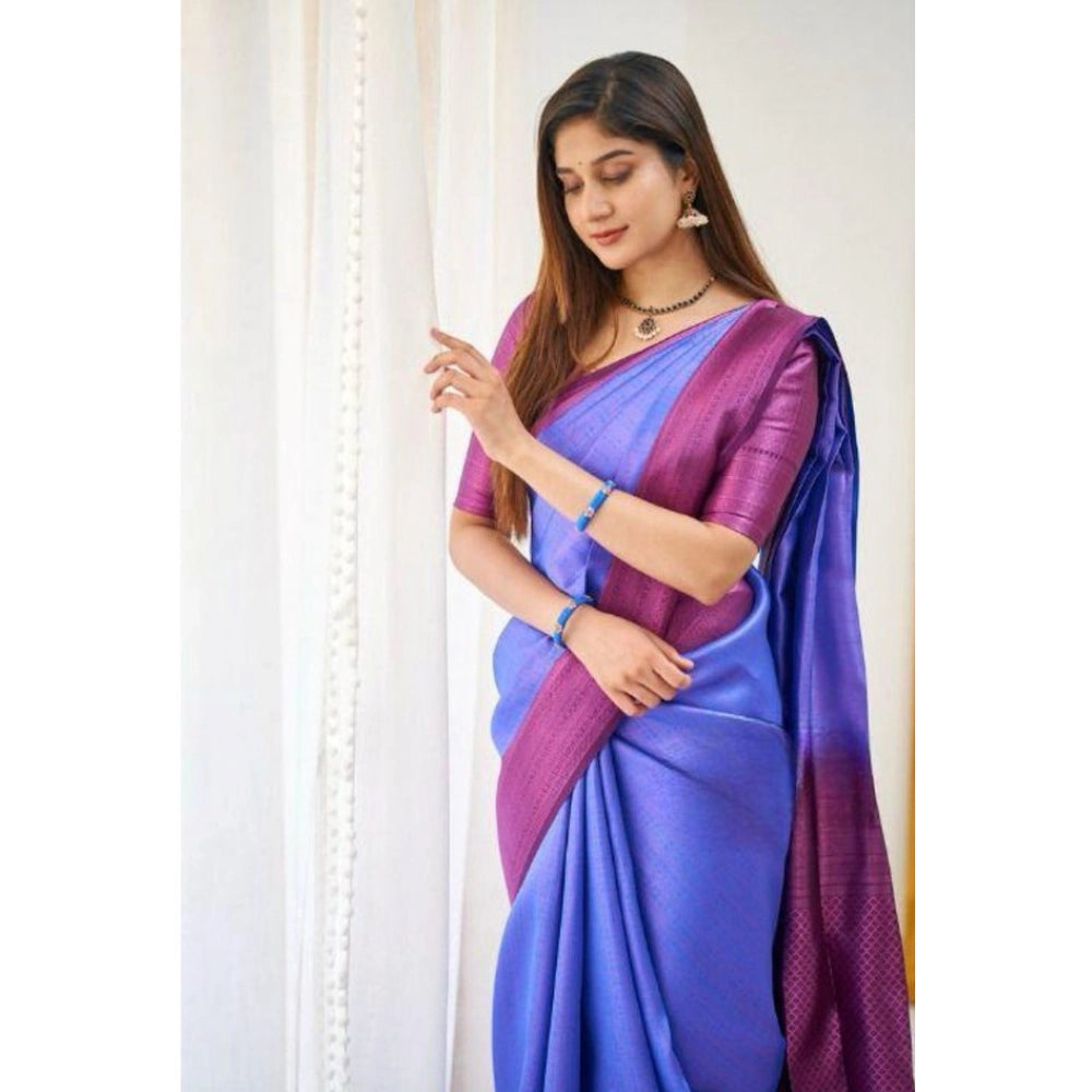 Generic Women's Soft Lichi Silk Printed Saree With Unstitched Blouse 5.5Mtr (Blue) Secondary image