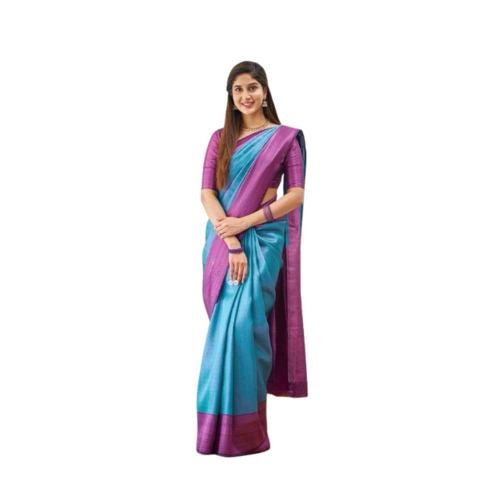 Generic Women's Soft Lichi Silk Printed Saree With Unstitched Blouse 5.5Mtr (Sky-Blue) Main image