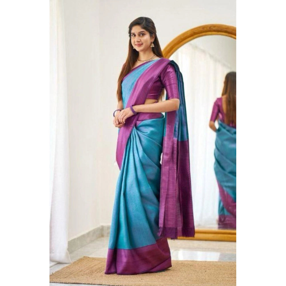 Generic Women's Soft Lichi Silk Printed Saree With Unstitched Blouse 5.5Mtr (Sky-Blue) Secondary image